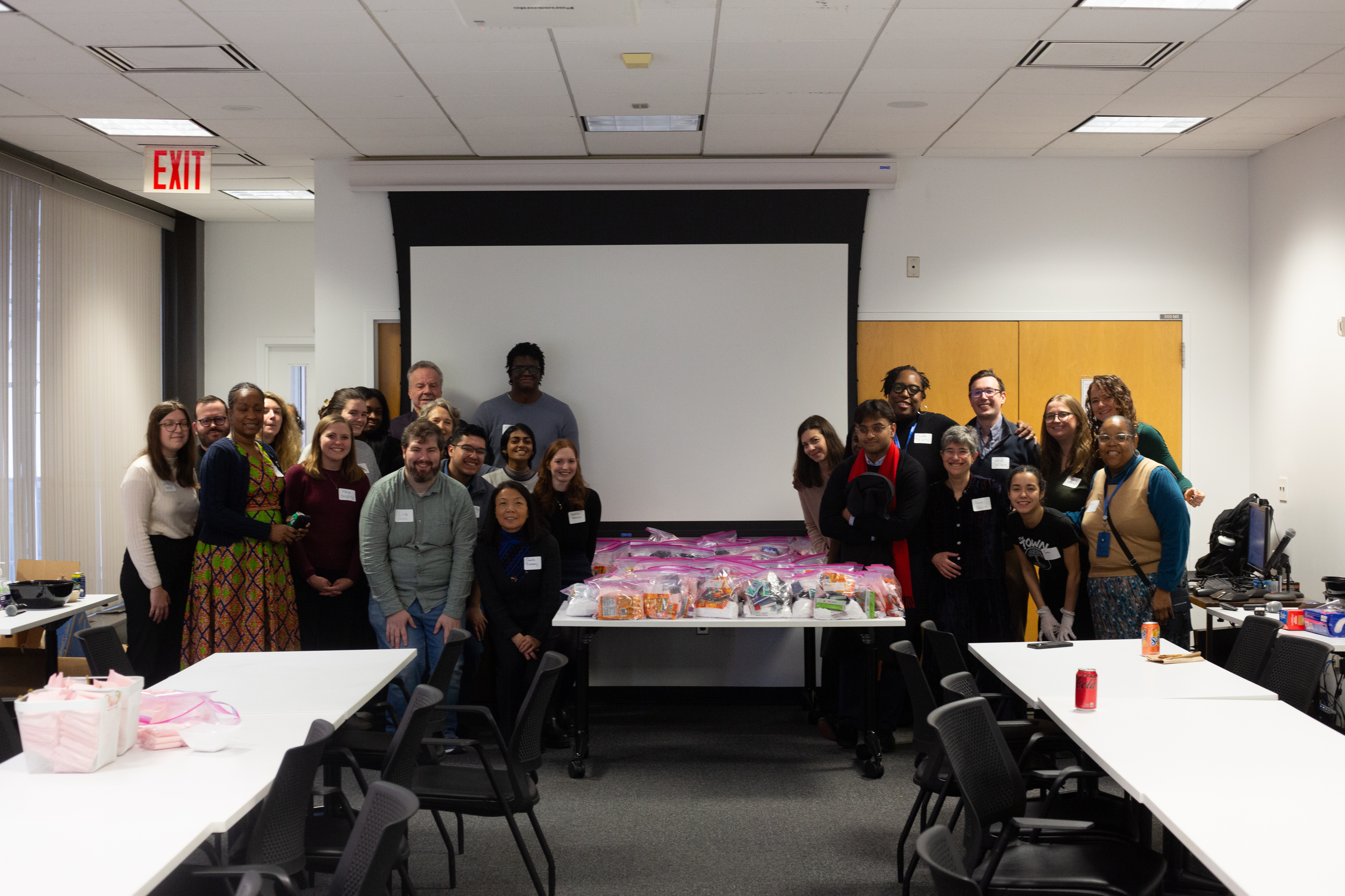 Participants gathered with completed care packages